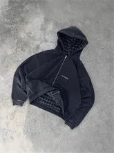 Vintage Karierter Gefütterter Zip-Up-Hoodie für Männer und Frauen, Marineblau, Baumwolle, Kapuzenjacke, Oversized Streetwear, Lässige Retro-Oberbekleidung – Detail 6
