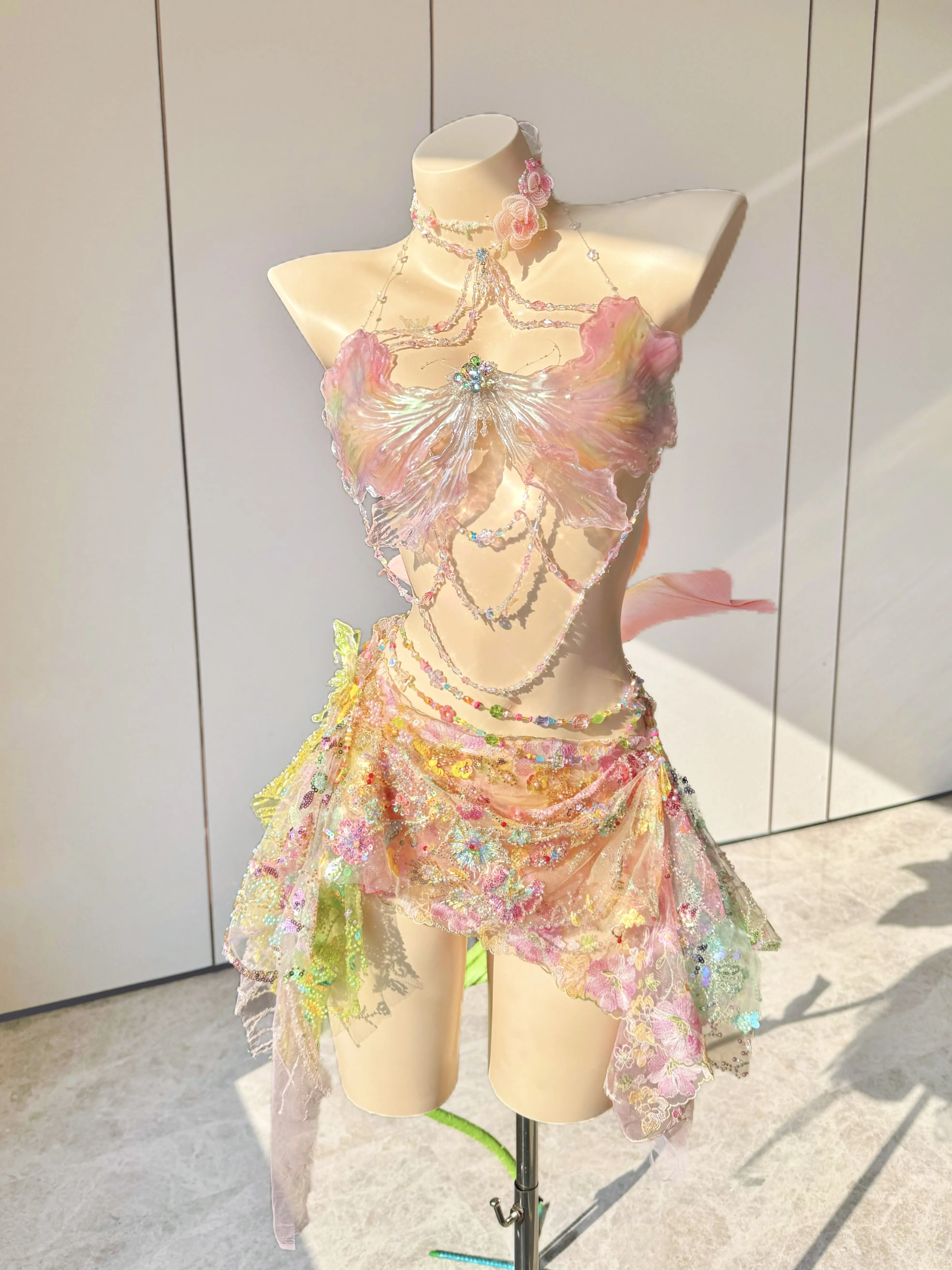 Floral Fairy Cosplay Set Women Butterfly Wing Top Rhinestone Chain Irregular Mesh Skirt For Rave Carnival Stage Photoshoot