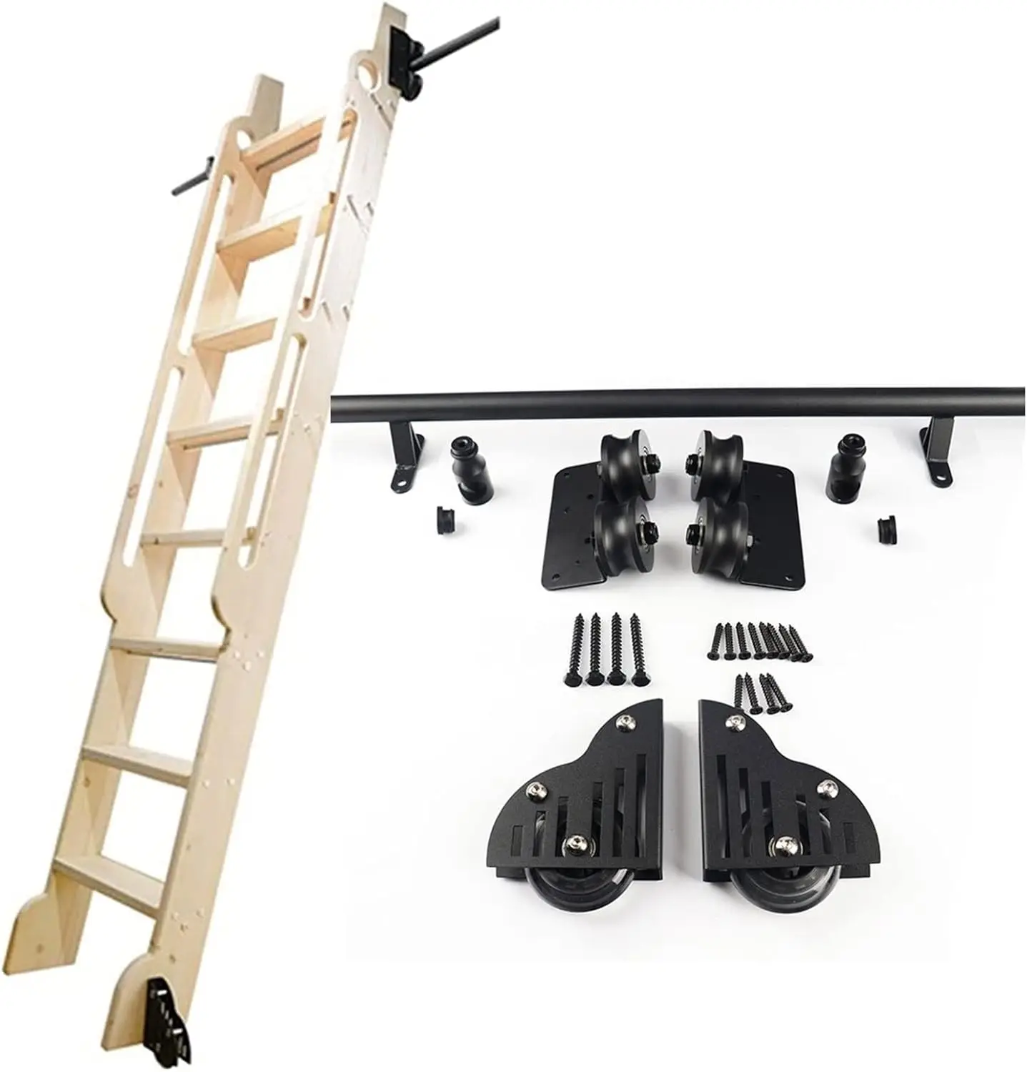 Rolling Barn Door Kit | Library Sliding Ladder Hardware Kit (No Ladder), Iron Round Tube Mobile Ladder Track With Floor Roller