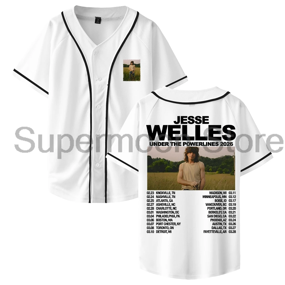 Jesse Welles Under The Powerlines Tour 2026 Baseball Jersey V-Neck Short Sleeve Button-up Shirts Women Men Streetwear Tops