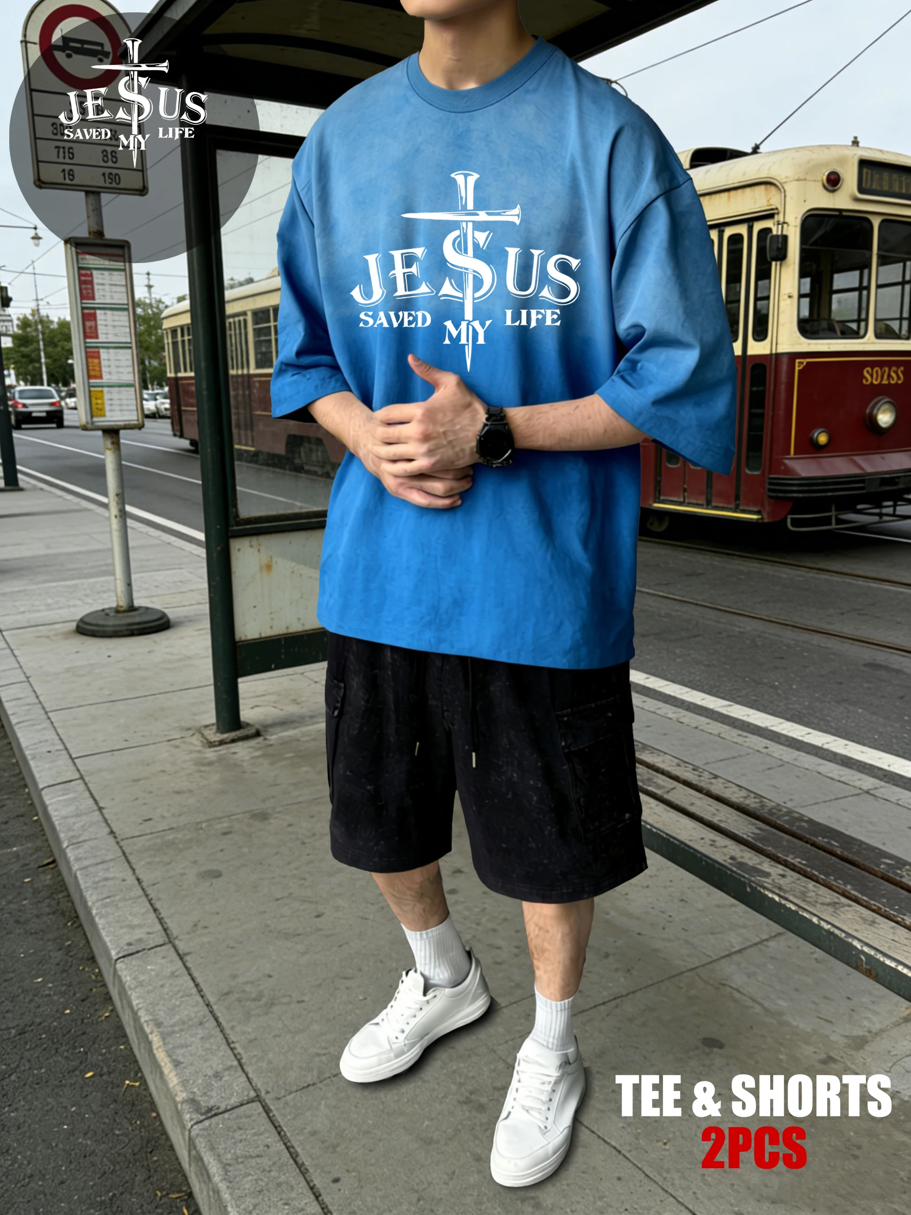 

Jesus Saved My Life Letter Graphic Mans T-Shirts Summer Tie-Dye Tee Casual Fashion Shorts Set Unisex Loose Cotton Streetwear