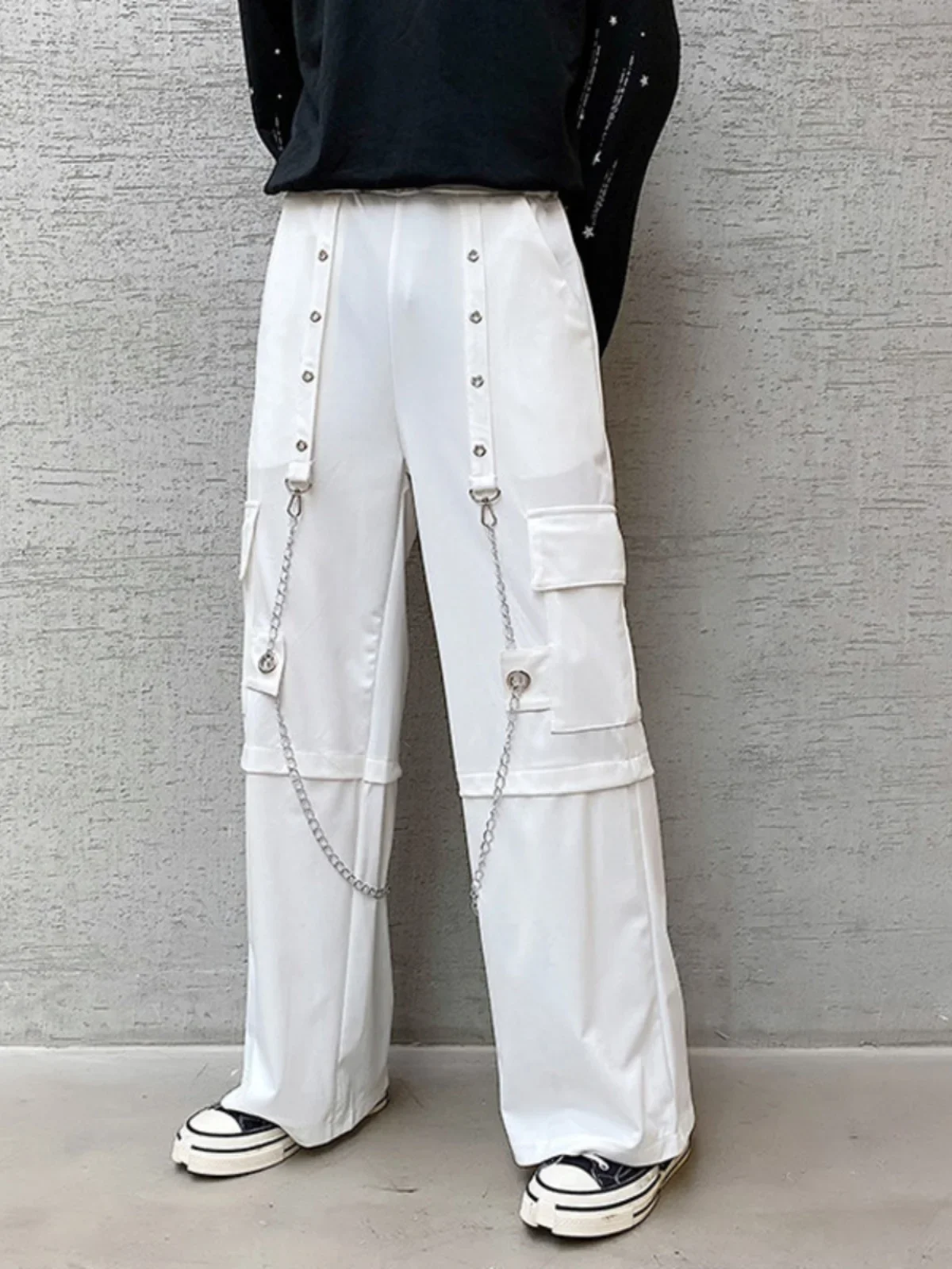 2024 Autumn Male Metal Chain Decorative Men's Trousers Male Pocket Loose Wide-Leg Casual Pants Trendy Men's Solid Color Trousers