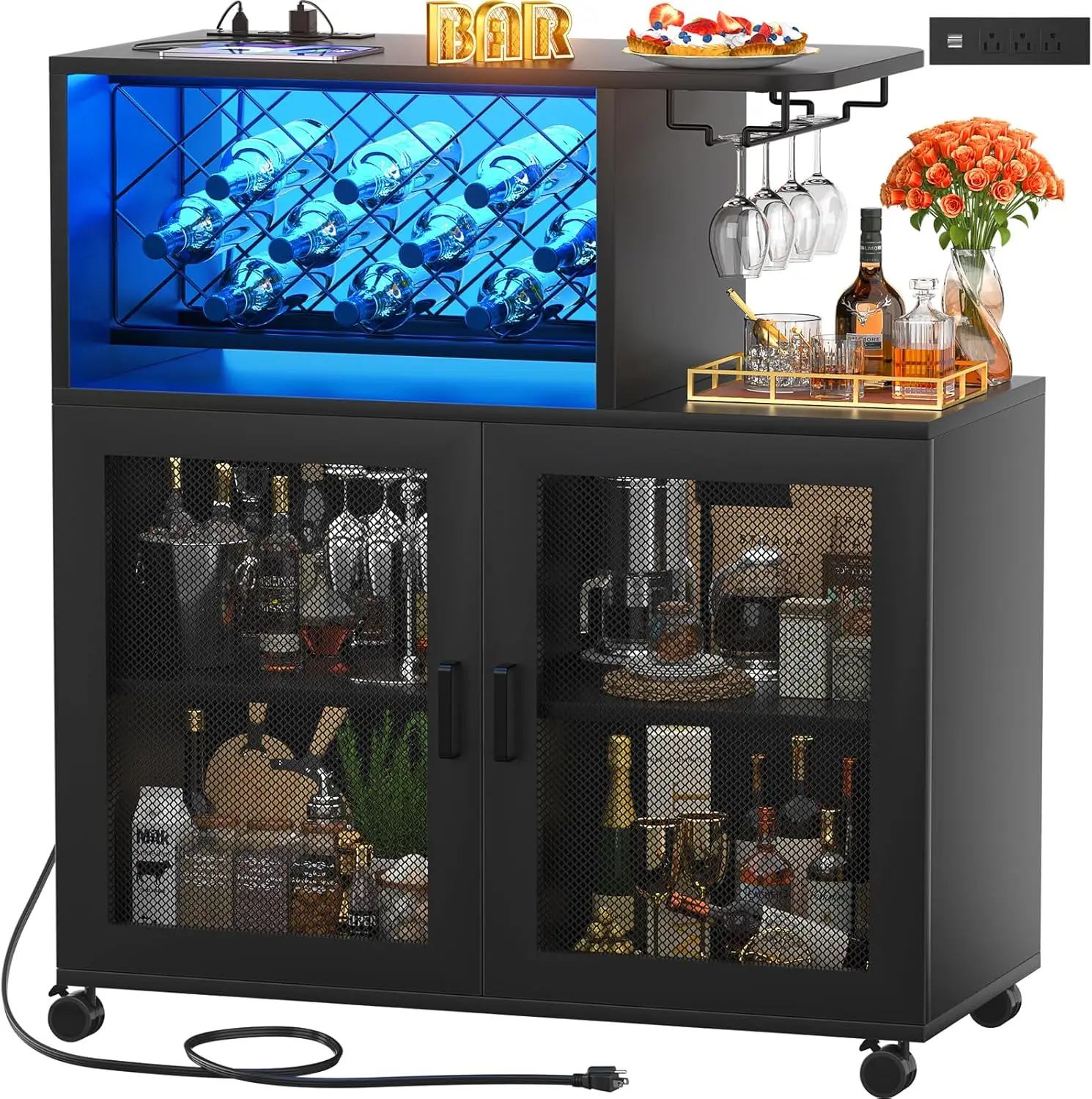 Wine Bar Cabinet With Wheels, Small Liquor Cabinet With Led Light, Home Bar Cart With Power Outlets, Coffee Bar With Wine Rack,