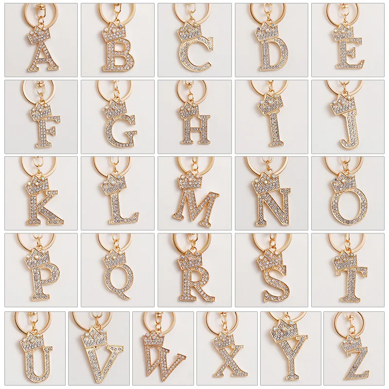 New 26 Letter Crystal Rhinestone Crown Keychain Charm Gold Key Ring Women Bag Ornaments Car Key Holder Accessoreis