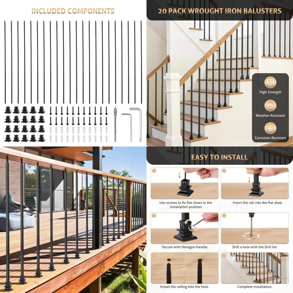 20 Pack 44 Black Iron Square Staircase Spindles with Baluster Plate Shoes