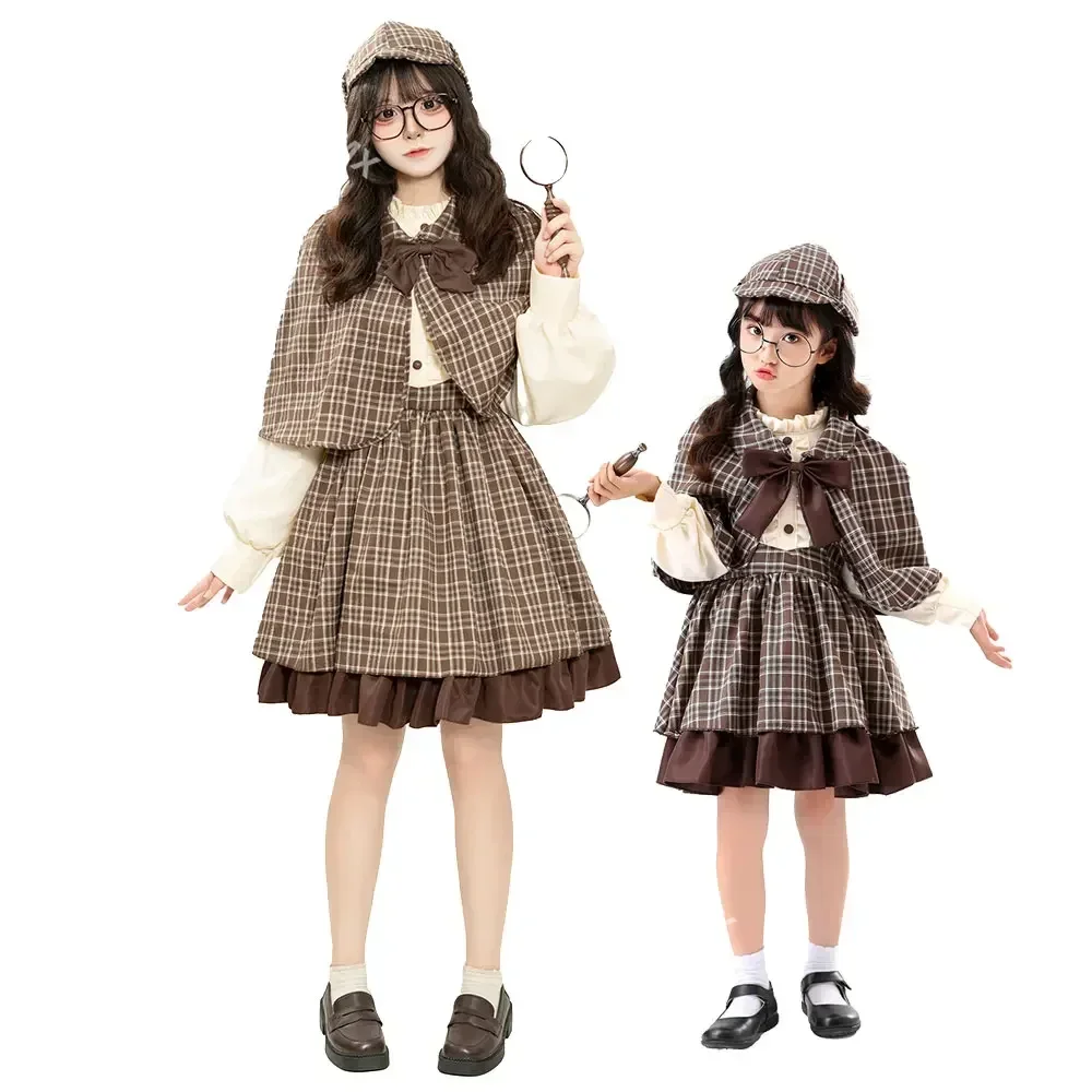 Adult & Kid Detective Costume British Style High Collar Long Sleeve Detective Dress Reasoning Game Women Halloween Cosplay Dress