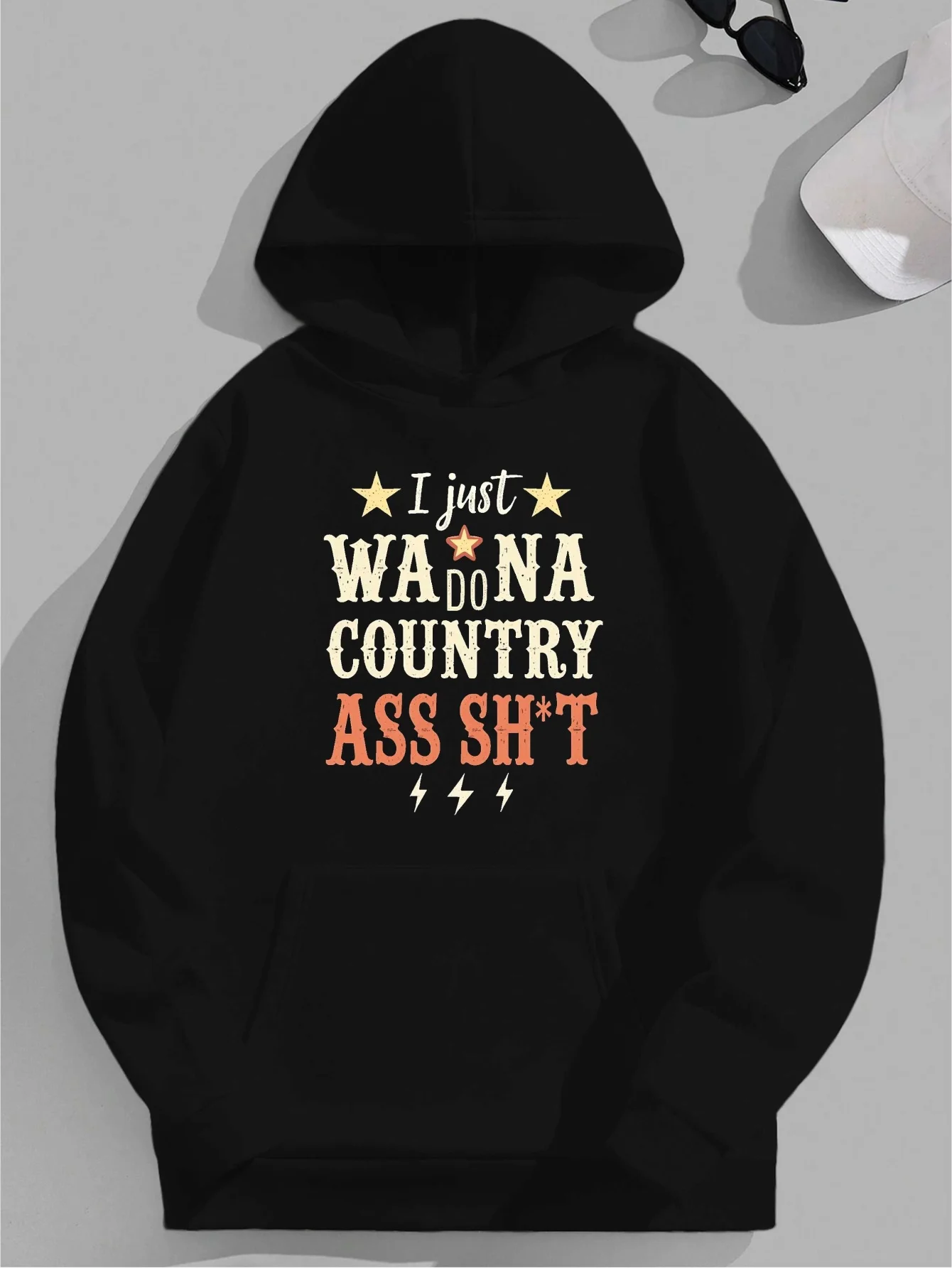 

"I Just Want to Do Rural Stuff" Bold-font Hoodie - Casual style with star and lightning patterns, for country music enthusiasts