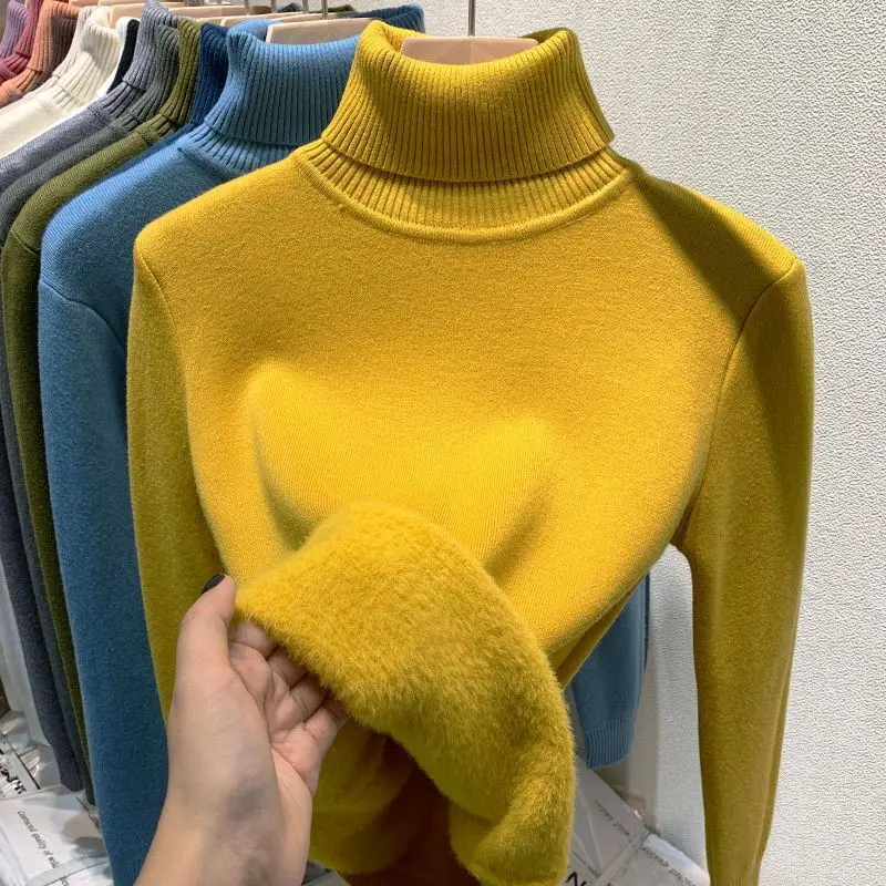 Women's Clothing Sweaters High Collar Knitted Top 2024 Autumn Winter plush thickened lining black long sleeved bottom Pullovers