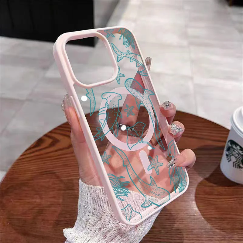 

Blue Line Sea Creature Pattern Magnetic Phone Case For iPhone 17 16 15 Pro Max 14 Plus 13 12 11 16E 17E 17 Air Shockproof Cover