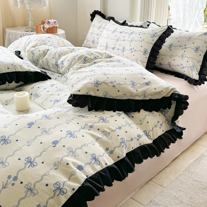 1PC Summer Duvet Cover Korean Style Bedding Set (NO Pillowcase, No Sheet) Lace Bed Linens 150*200cm Washed Cotton Quilts Bag