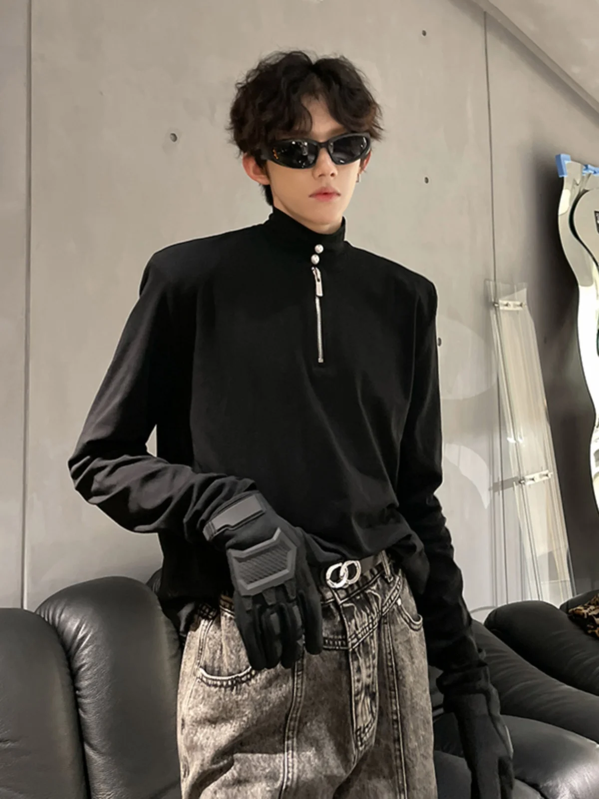 

American High Street Men's Long Sve T-irt Autumn Winter f High Collar Padded oulder Outerwear Faion Brand Haom...