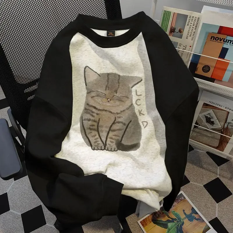 

Couples Patchwork Sudaderas Mujer Kawaii Sweet Cat Print Sweatshirts Black Y2k Women O Neck Japanese Preppy Style Hoodies