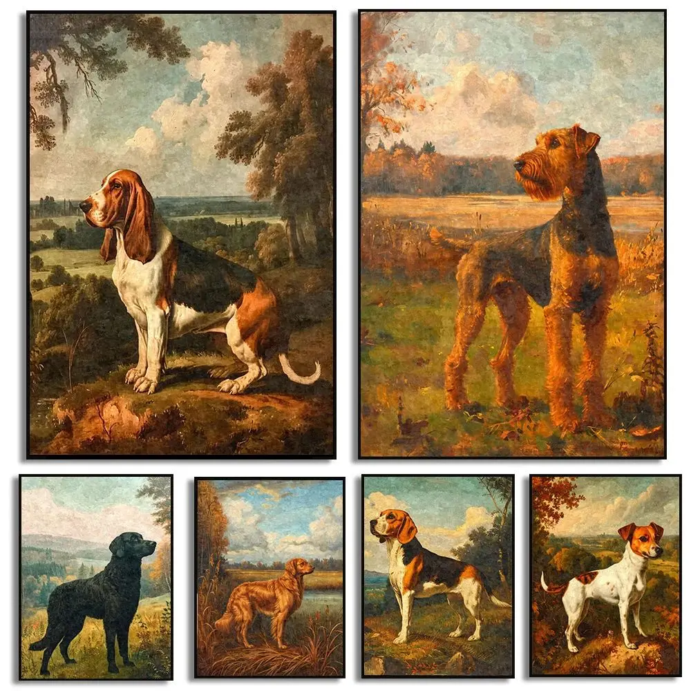 Vintage Dog Oil Poster Hound Jungle Hunting Prints Canvas Wall Art Pictures Home Living Room Autumn Decoration