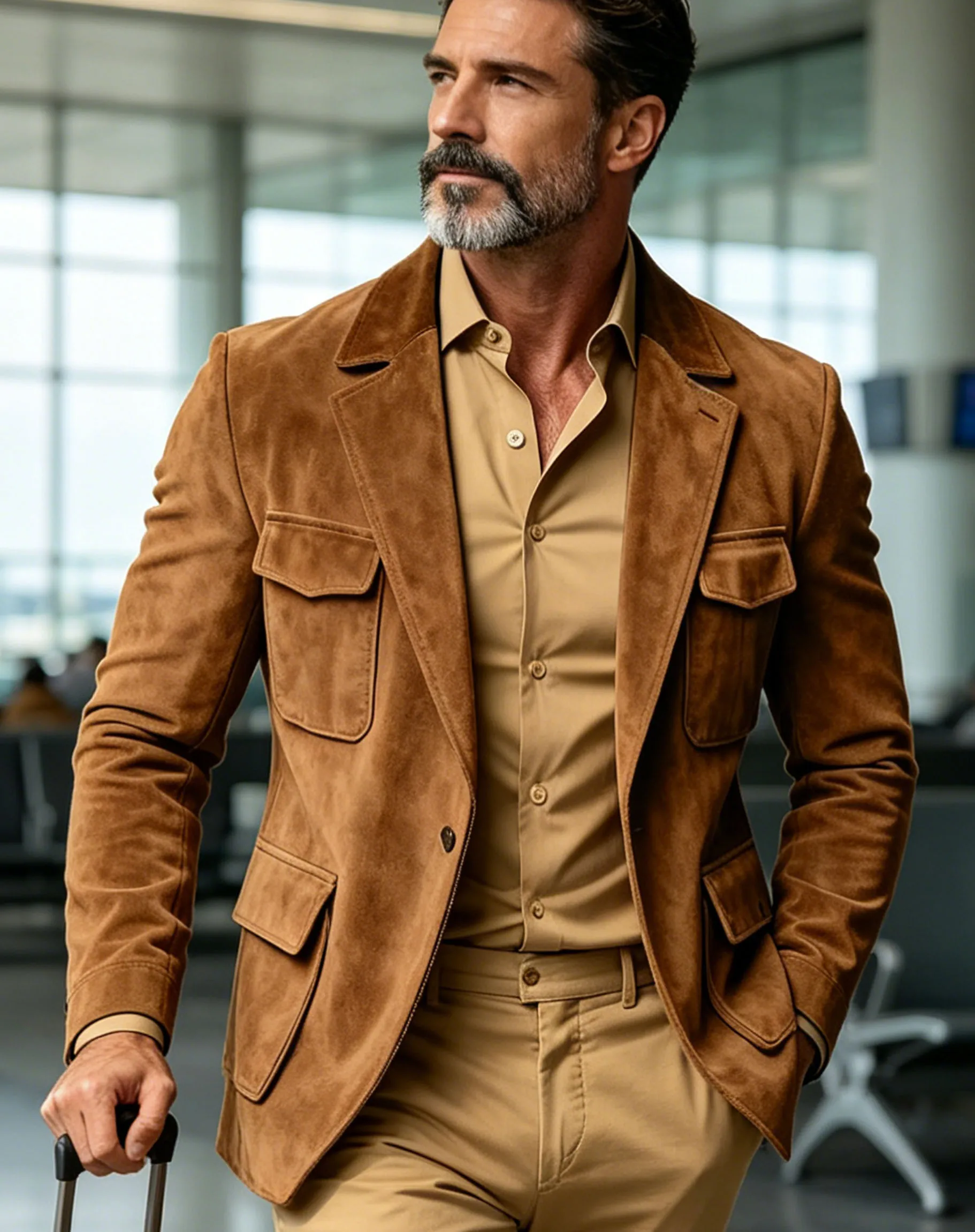 Men's Brown Suede Safari Blazer Vintage Slim Fit  Multi-Pocket Casual Hunting Jacket Fashion Comfortable Sport Coat For Daily image 2