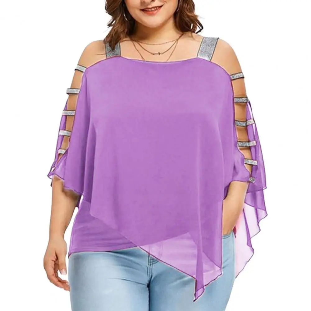 Sexy Fashion Plus Size Tops Women Ladder Sling Cut Overlay Patchwork Hollow Out Blouse Strapless Tops Flare Sleeves Blouse