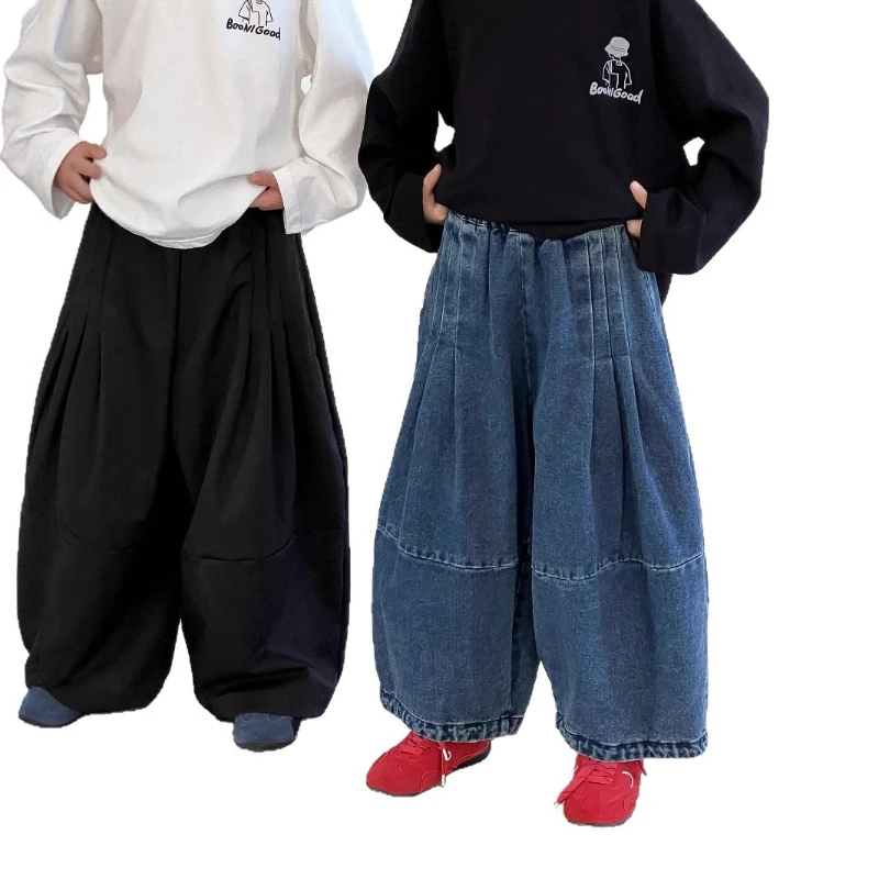 2025 Autumn New Children's Versatile Loose Street Style Pleated Cotton Wide Leg Jeans