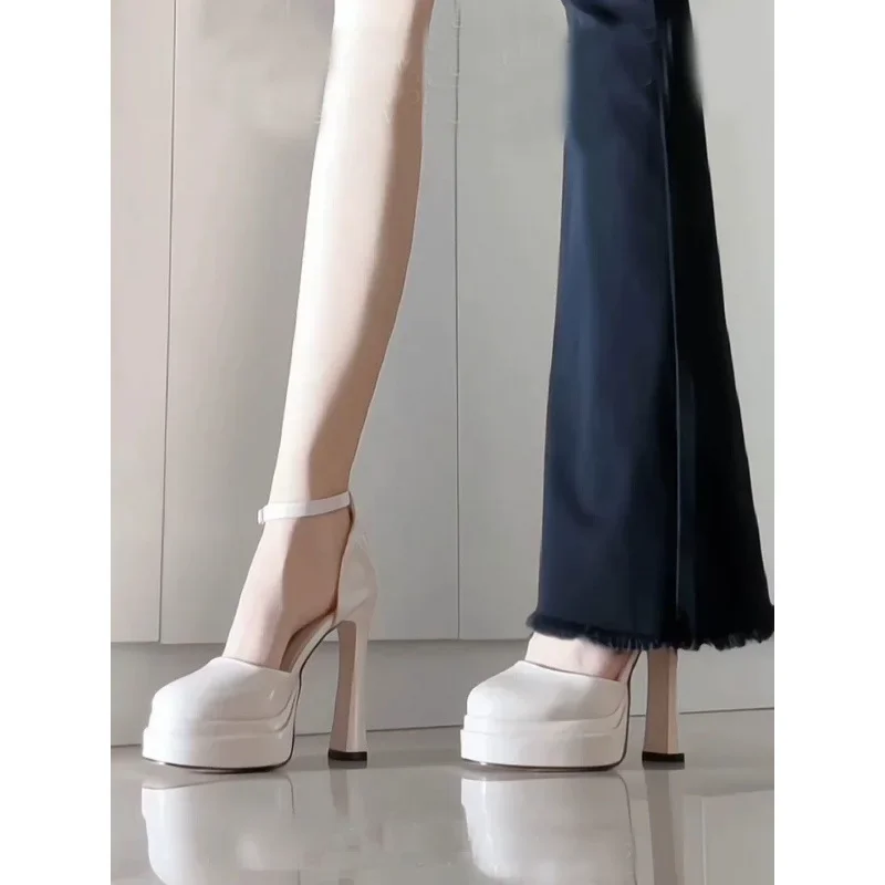 المرأة عالية الكعب حذا فردي للسيدات مشبك حزام ماري جينس منصة مقاوم للماء رسمت الجلود Showbiz 11 سنتيمتر الكعوب حفل زفاف #4