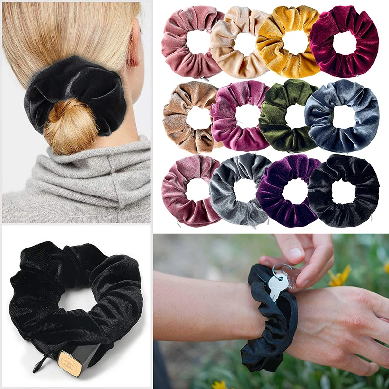 

Portable ⁣Hidden Safe Sight Secret Hair Tie Storage Case Hair Scrunchie With Zipper Hide Key Cash Jewelry For Travel Outdoor