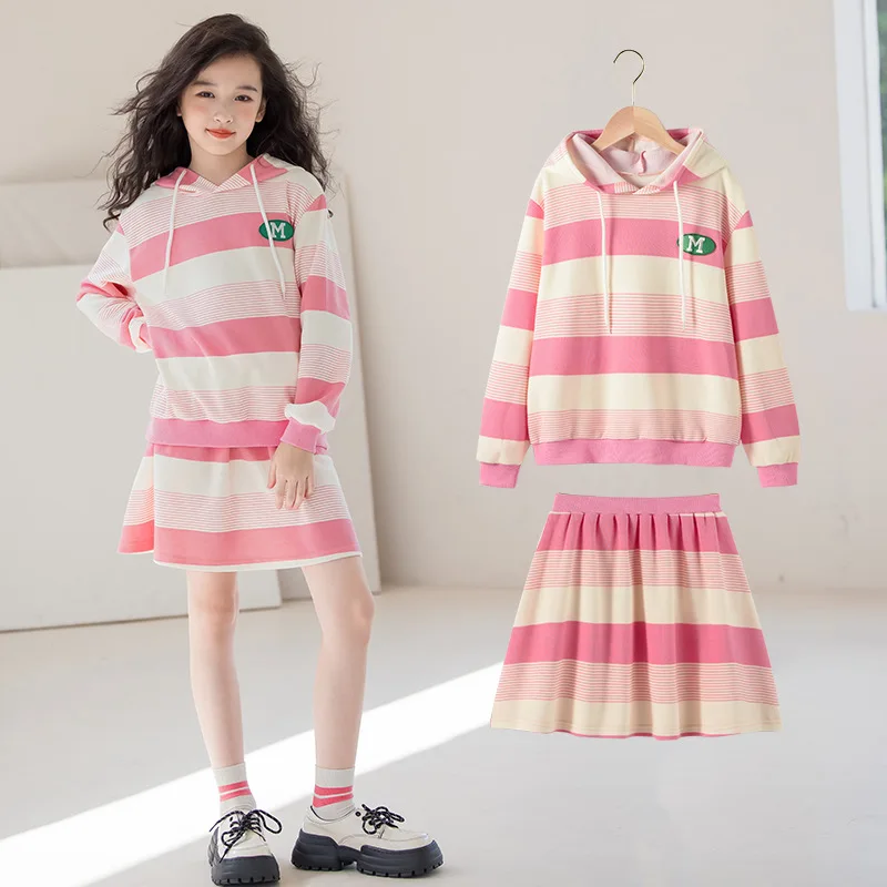 

Korea Spring Autumn Girl Children's Top And Bottom Set Junior Girl Striped Hooded Sweatshirt+Pleated Skirt Set For Girl 4-12Yrs