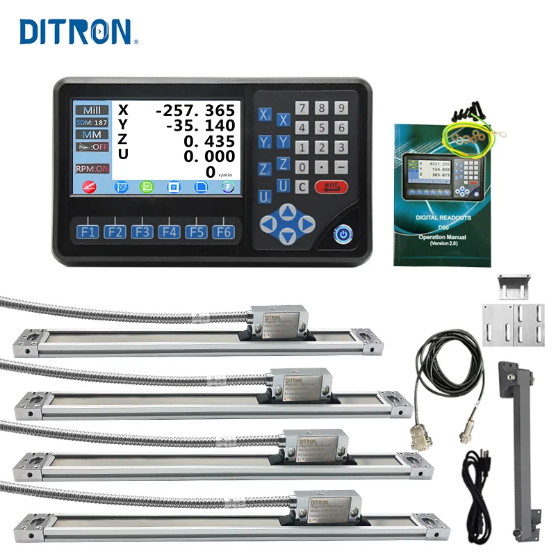 Ditron 4 Axis Dro Digital Readout with 4 PCS 50-1000mm 1um Magentic Scale Encoder Sensor for Milling Lathe Machine