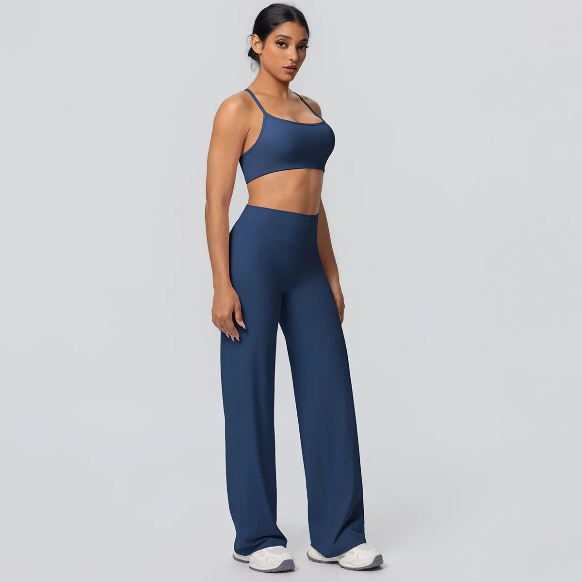 Frauen Gym Sport Yoga Anzug Sexy Schöne Zurück Yoga Unterwäsche Mit Brust Pad Einfarbig Hohe Taille Breite Bein Hosen Yoga Set – Detail 21