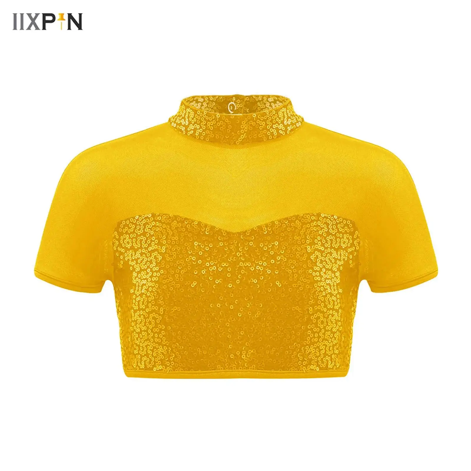 

Kids Girls Jazz Dance Tops Short Sleeve Mock Neck Mesh Shiny Sequins Crop Top Shirt+Skirt Figure Skating Cheerleading Dancewear