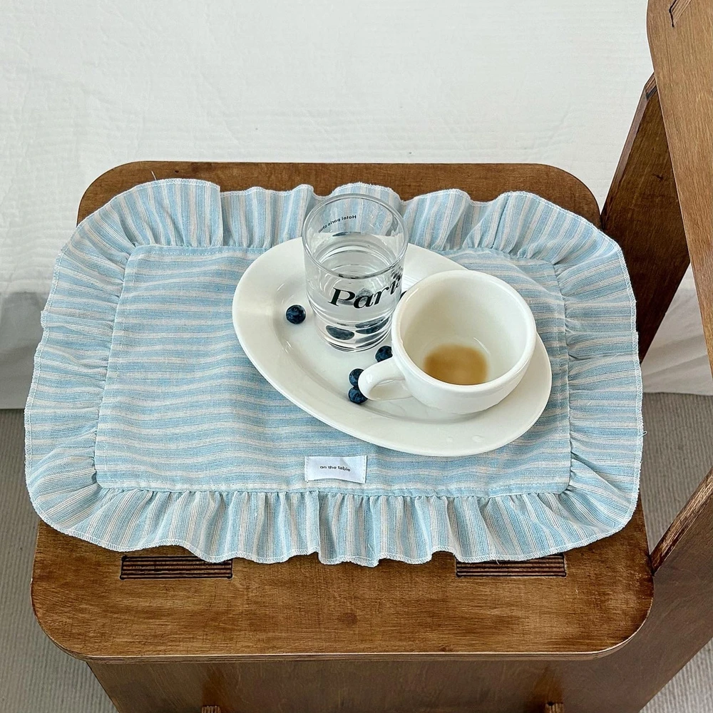 French Retro Cotton Placemats Stripe Ruffle Lace Tablecloth Minimalist Placemat Coffee Table Mat Home Desktop Decoration Coaster