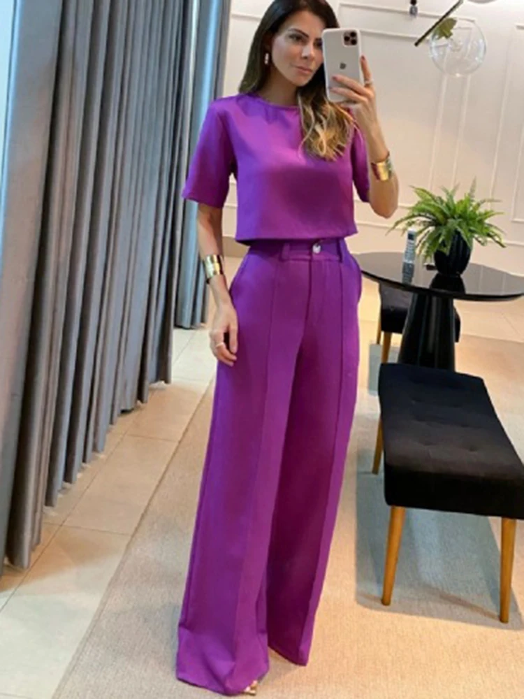 Top corto da donna casual a mezza manica e pantaloni a gamba larga Set 2024 Primavera Estate Solid Office Lady Set da due pezzi Abiti stile coreano