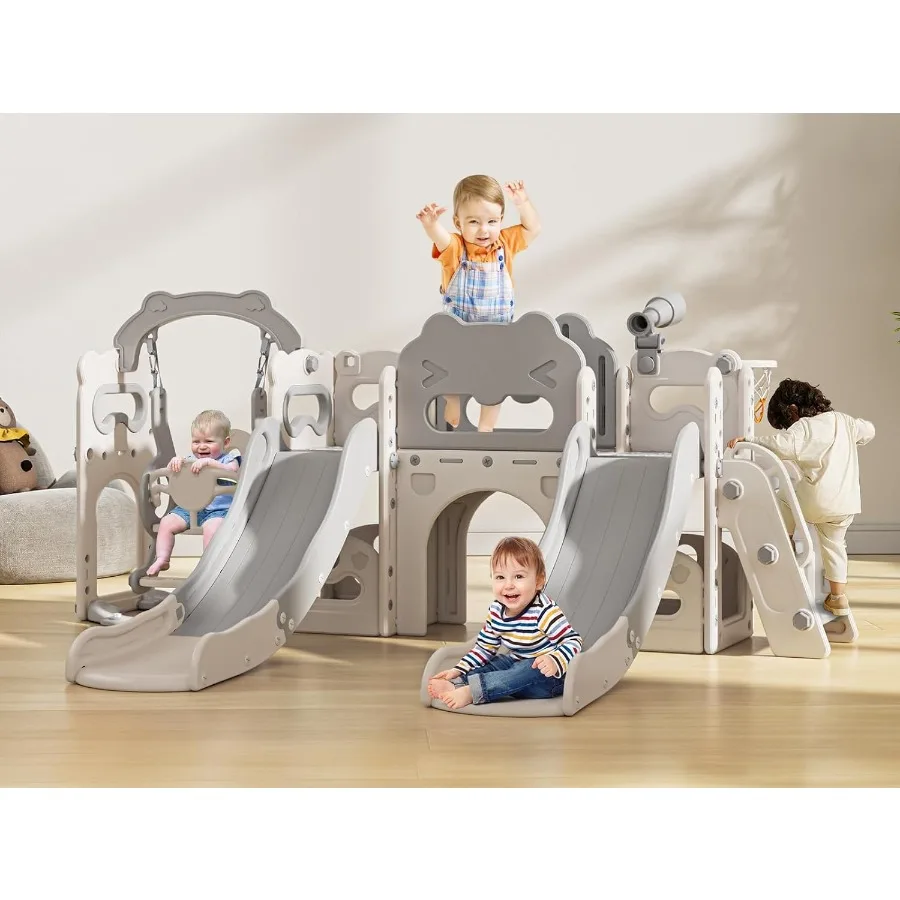 

Крытая и уличная игровая площадка для малышей 10 в 1, набор направляющих-качели с баскетбольным кольцом, туннельное место для хранения для детей 1+, серого цвета