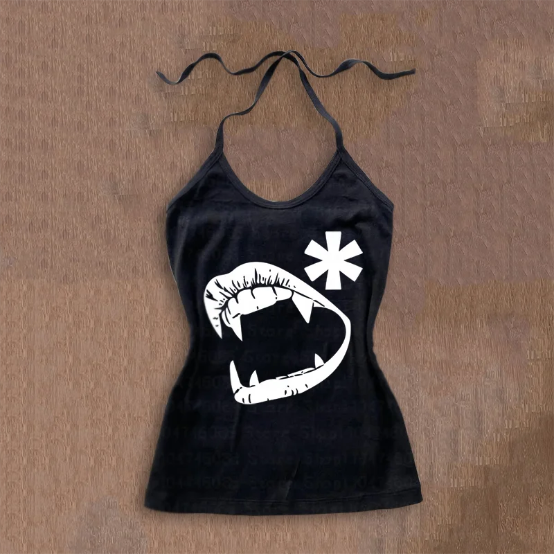 

Summer new y2k Printing Women Trash Casual Slanted shoulder teeTop women sling Top Aesthetic punk Streetwear Gothic Corset