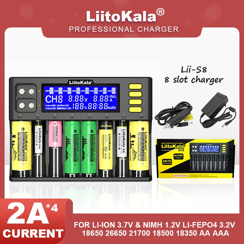 LiitoKala Lii-S12 Lii-S8 Lii-PD4 Lii-PD2 Lii-500S 3.7V 18650 18350 Battery Charger Auto-Polarity Detect 26650 21700  1.2V AA AAA