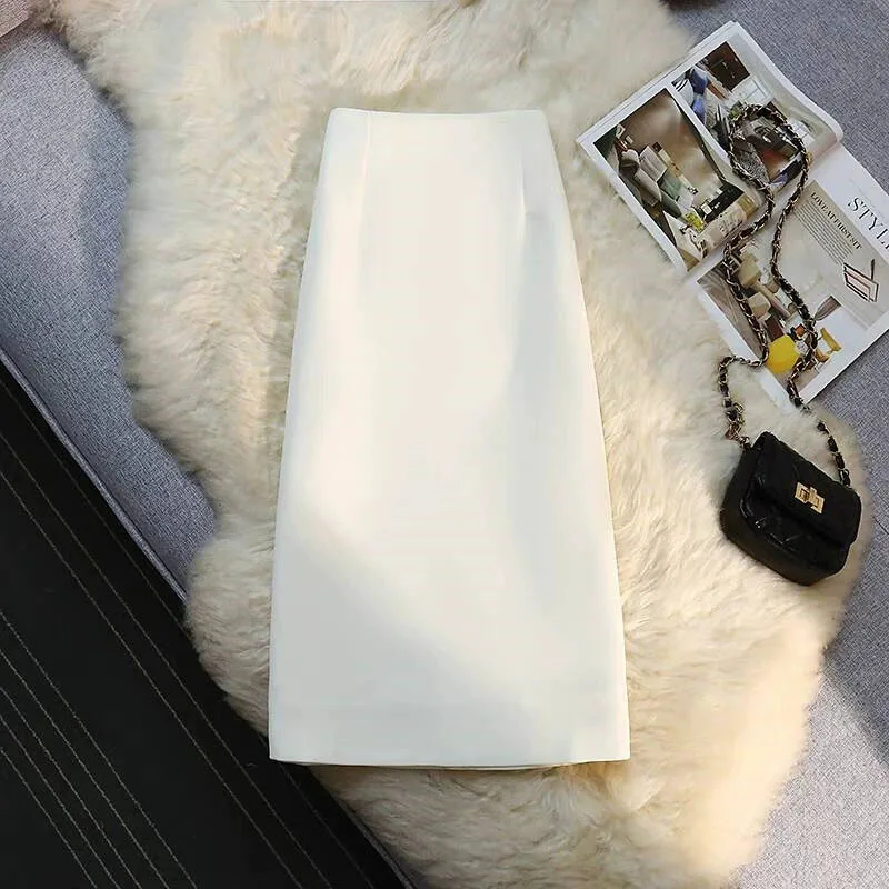 Korean Chic Office Wear Ladies Pencil Skirt Elegant Slim Fit High Waisted Midi Skirt Women Solid Color Split Straight Skirts