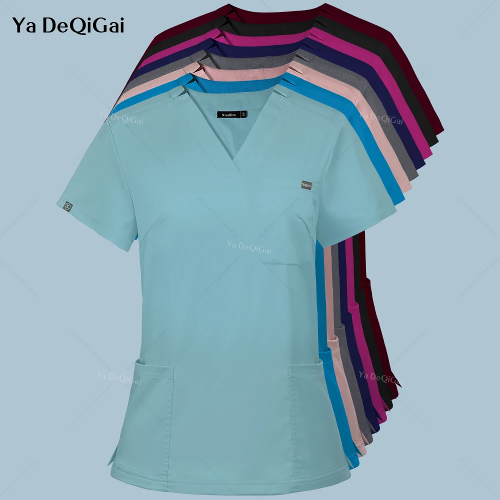 Camisas de bolsillo para mujer, uniforme de enfermería, Tops de manga corta con cuello en V, blusa de trabajador de cuidado, ropa de trabajo de enfermera, Tops de uniforme médico