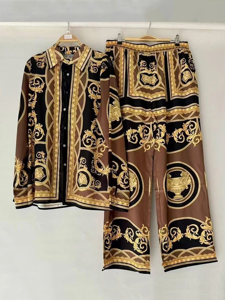 レトロ幾何学模様プリントラペルストレートレッグシャツツーピースセット 2025秋 レディースウェア + ウエストゴム入りルーズワイドレッグパンツセット