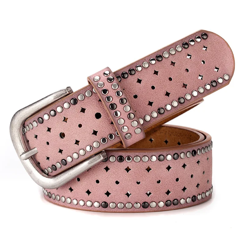 women casual rivets belt soft leather studded belts party nightclub dress pin buckle strapon stylish waistband cowgirl pink sash