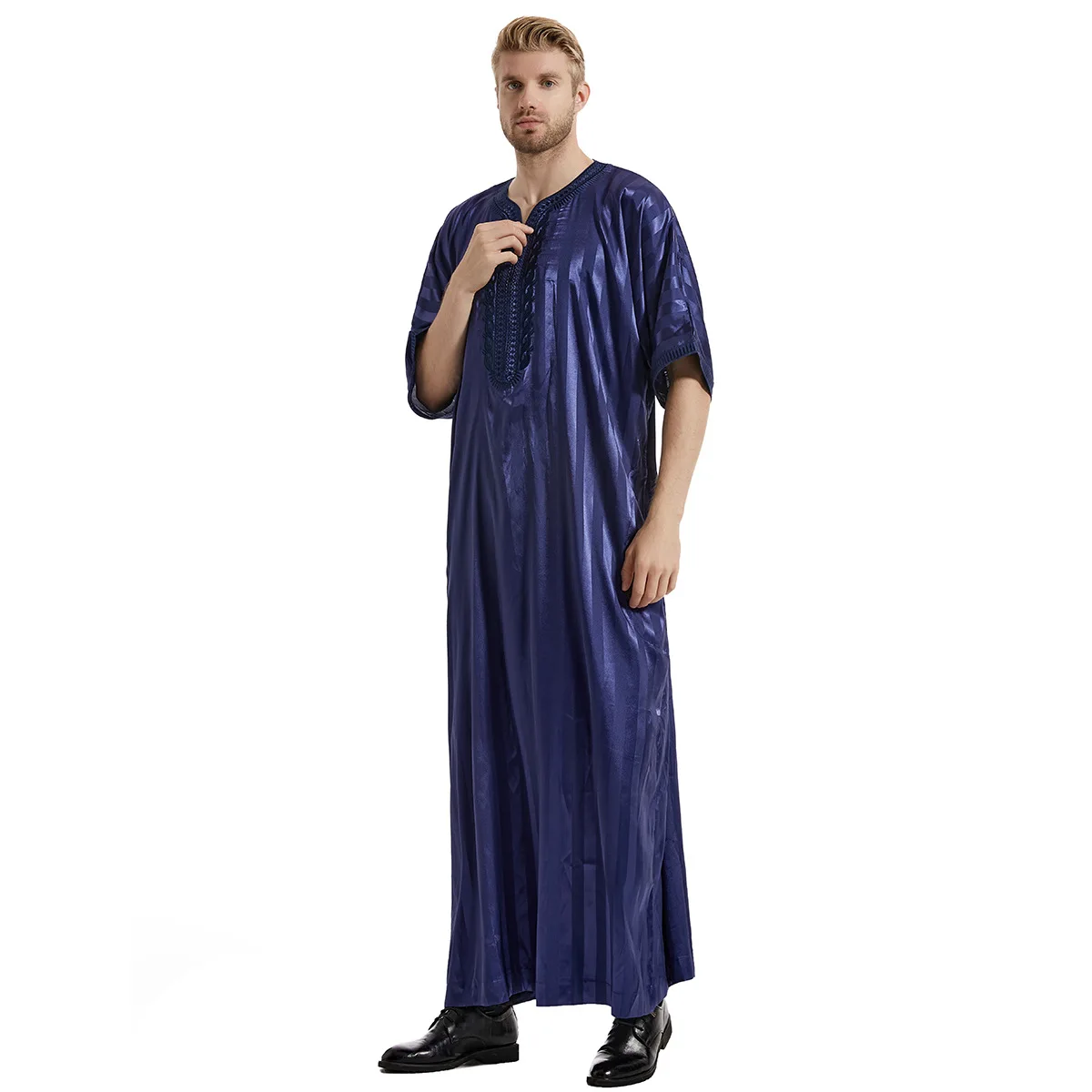 Men Muslim Kaftan Vintage Short Sleeves Abaya Jubba Thobe For Men Loose Dubai Saudi Arab Islam Clothing Prayer Robe S-3xl