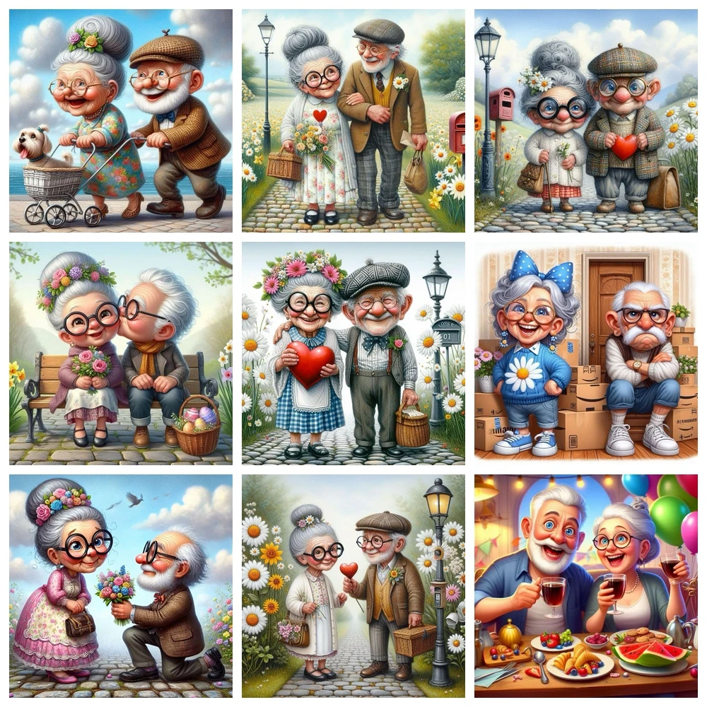 Cartoon glückliches altes Paar 5D volles rundes Diamant-Malerei-Set, süße Oma und Opa DIY Bohrer Mosaik Stickerei Kreuzstich