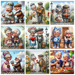 Cartoon Happy Old Couple 5D Full Round Diamond Painting Kits, Cute Grandma And Grandpa DIY Drills Mosaic Embroidery Cross-stitch