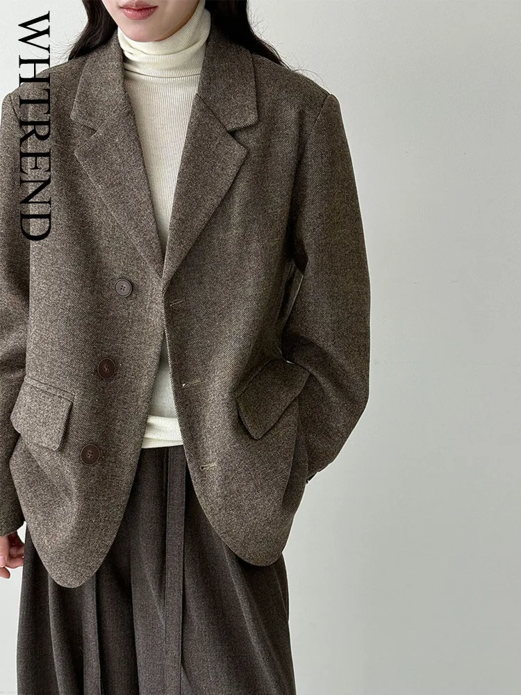 

WHTREND минималистичный шерстяной пиджак для женщин, осень-зима, однобортный короткий текстурированный твидовый пиджак с зубчатым воротником, пальто WH2083