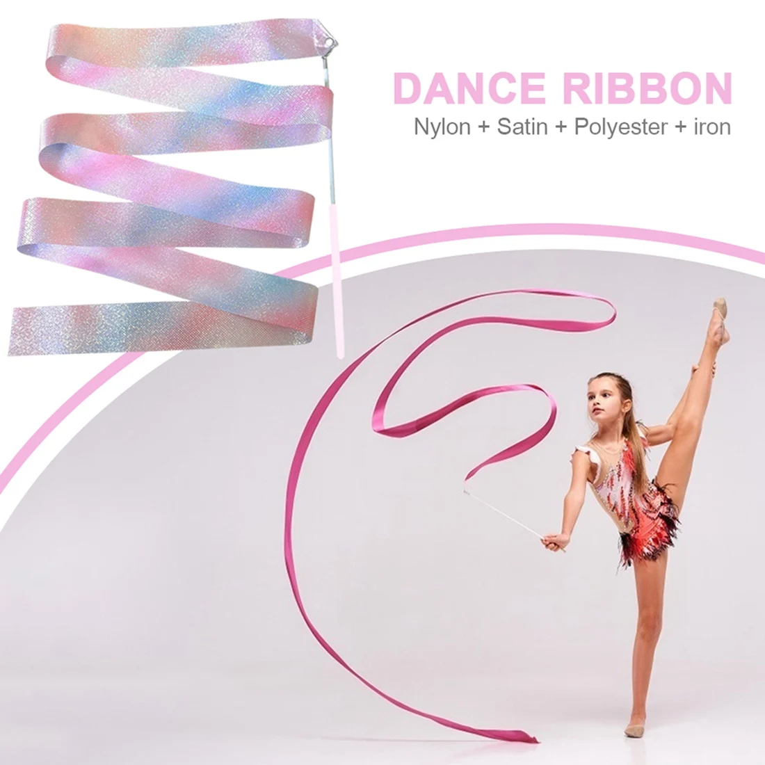 2M Flashing Star Gym Ribbons Dance Ribbon Rhythmic Art Ballet Streamer Twirling Rod Rainbow Stick