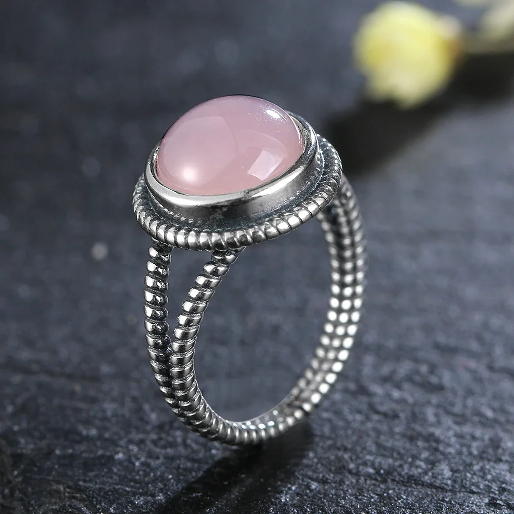 S925 Sterling SilverRing for Women Oval Round Natural Rose Quartz Ring Gift Sun Shaped Retro Luxury Fine Jewelry