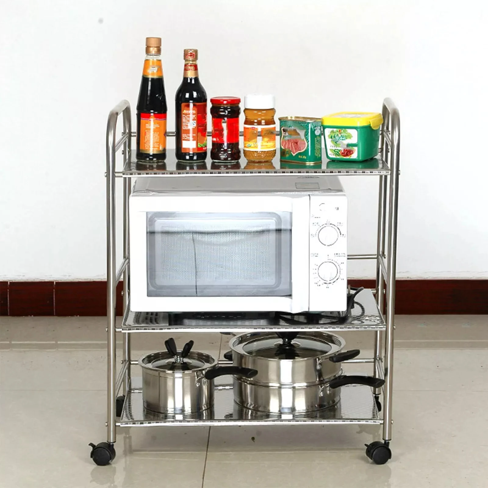 

Shelf Trolley - 60*35*75cm 3 Shelf Kitchen Trolley Stainless Steel Rolling Utility Trolley with 4 Wheels