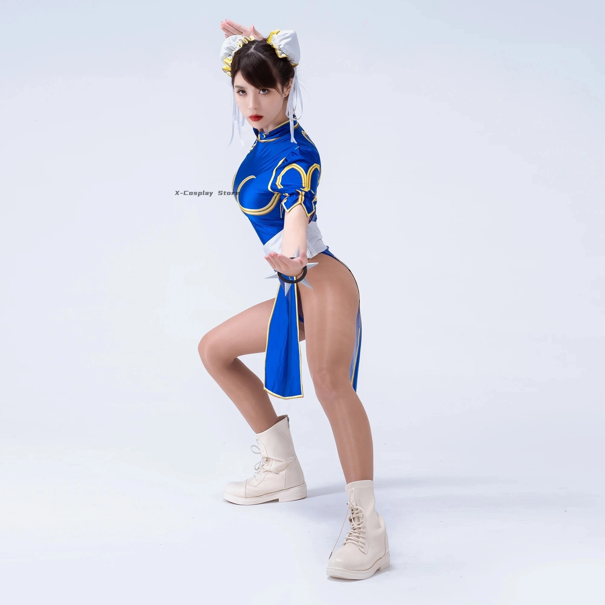 Chun Li ชุดคอสเพลย์ sutorito faita ชุดกี่เพ้าสีน้ำเงินสำหรับผู้หญิงชุดบอดี้สูทเซ็กซี่ชุดสวมศีรษะชุดฮาโลวีนคาร์นิวัล