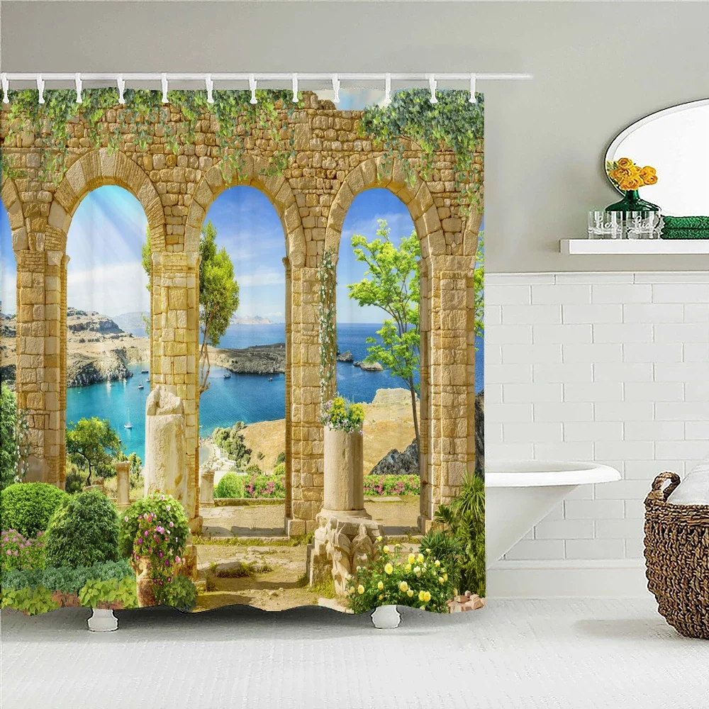 Cortina de baño impermeable con estampado 3d de estilo griego, columna romana Retro, decoración de paisaje de Casa Europea idílica, cortinas de ducha de baño