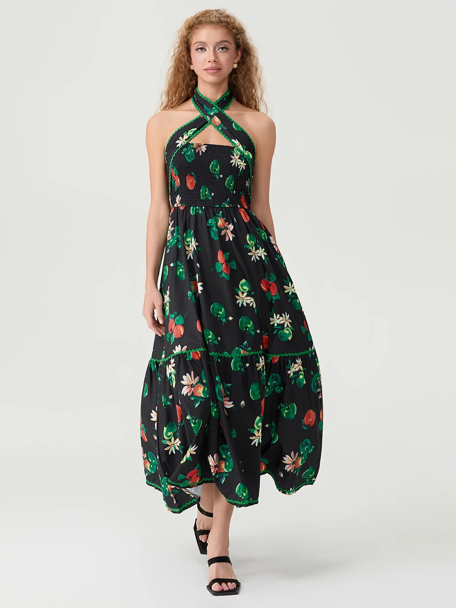 

Women's Long Halter Neck Dress Sleeveless Open Back Fruit/Plaid Pattern Print Beach Dresses