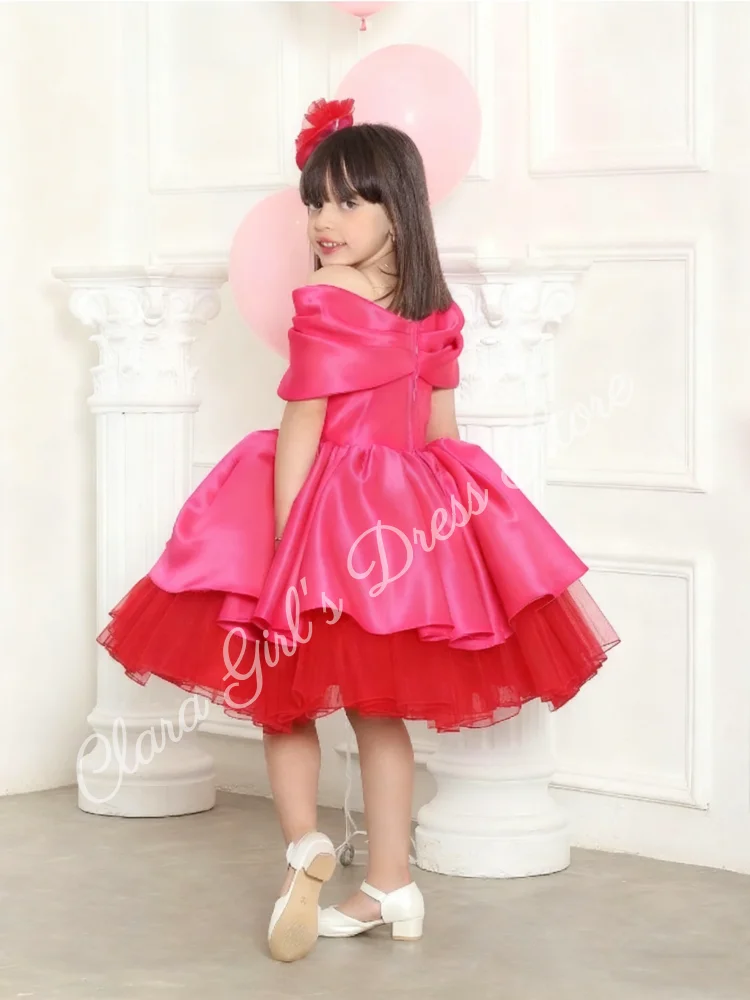Vestido de niña de flores de satén rojo rosa, vestido hinchado de boda con hombros descubiertos, vestido personalizado para fiesta de cumpleaños infantil y primera comunión