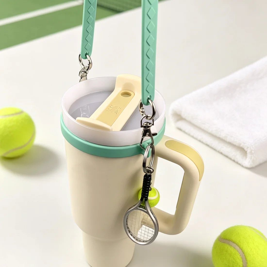 Tennis racket Sports Keychain Pendant，Water Bottle Handle Attachment Strap - Portable Cup Sling Carrier  | Fits Most 12-40oz Cup