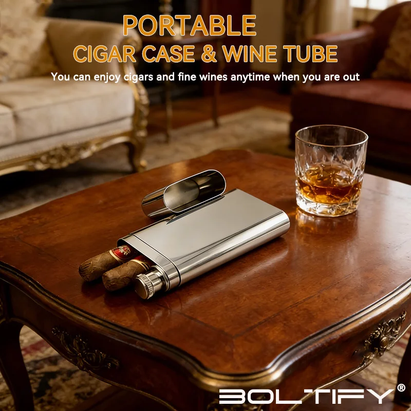 

2026 hot sale 2oz Stainless Steel muticolor Hip Flask with cigar storage tube box Pocket Hip Flask gift package Alcohol Whiskey