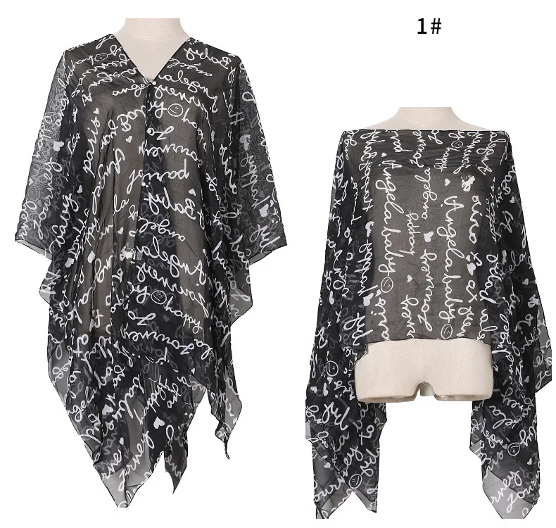 

Fashion Women Ponchos Capes Summer Sunshade Imitation Silk Button Shawl Letter Printing Sunscreen Shawl Cloak Black