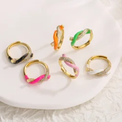 HECHENGElegant nature Style Cooper 18k Plated Ring, Enamel Ladies Ring Fashion Jewelry Twist Ring for Women